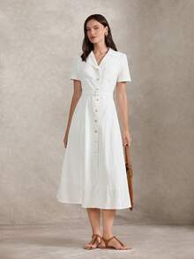 Briarwyn 女士纯色翻领短袖单排扣休闲长裙 - 白色 - 查看 5