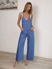 Sunnyshic Casual Vacation Denim Jumpsuit - Blue - View 7