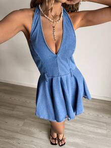 Sunnyshic 女士休闲度假风不对称下摆露背吊带牛仔连衣裙 - 藍色 - 查看 7