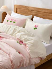 Juego de edredón bordado con tulipanes 100% poliéster de 3 piezas, que incluye 1 funda de edredón y 2 fundas de almohada (sin relleno) - Rosa Pálido - Ver 7