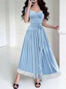 Feyla Nuevo vestido de cóctel elegante de línea A con cintura fruncida, volantes y flores 3D románticas - Celeste - Ver 3