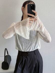 FRIFUL 女款圓領蕾絲布料修身喇叭袖純色休閒T恤 夏季長袖 - 杏色 - 查看 7