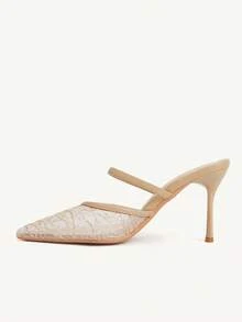 CUCCOO CHICEST Women's New Pointed Toe Khaki Mesh Sequin Fashionable Sexy Stiletto One-Strap Peep Toe High Heel Sandals - Khaki - View 5