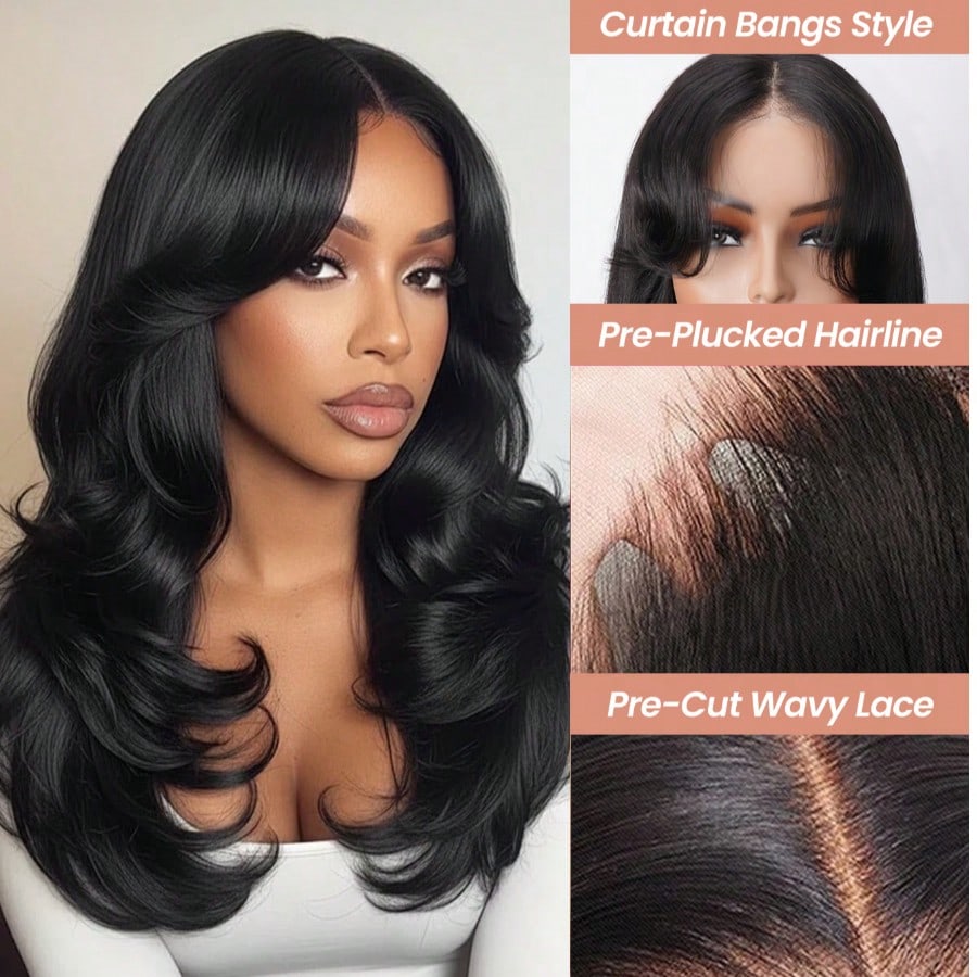 7x5 Designer Layered Glueless Wear&Go Curtain Bangs Natural Wave Wig, 100% Human Hair Wear And Go Pre Cut Pre Plucked Glueless Closure Wig Layered With Curtain Bang Natural Black, 180% Density, 16-22 INCH, Pull & Go Real Human Hair Wigs For Women Pre-Plucked Hairline