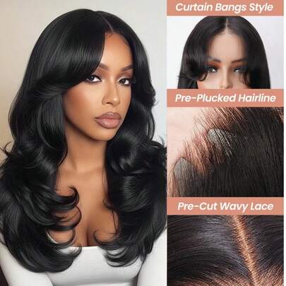 ALL READY WIG 7x5 Designer Layered Glueless Wear&Go Curtain Bangs Natural Wave Wig, 100% Human Hair Wear And Go Pre Cut Pre Plucked Glueless Closure Wig Layered With Curtain Bang Natural Black, 180% Density, 16-22 INCH, Pull & Go Real Human Hair Wigs For Women Pre-Plucked Hairline