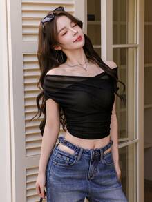 K-Vae Women's Sexy Elegant Off Shoulder Asymmetrical Mesh Sheer Casual Tee, Suitable For Dating, Party, Commuting, Daily Wear, Slimming, Spring/Summer - Black - View 3