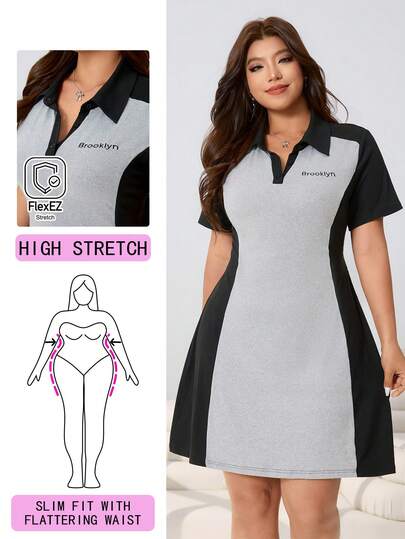 Solflare 春夏新款休闲连衣裙，适合外出、日常休闲、派对、音乐节、返校、毕业典礼、度假、街头穿搭、休闲、居家、逛街、城市漫步等多种场合穿着。衬衫领，短袖，黑灰撞色，英文印花，露脐，修身，针织，大码休闲连衣裙