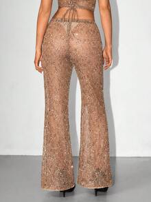 SHEIN ICON Y2k 女式米色沙滩度假外出派对科切拉俱乐部嬉皮风沙滩装时尚性感亮片镂空针织裤，夏季 - 卡其色 - 查看 2