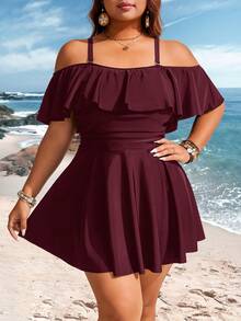 Swim Lushoire Traje de baño con volantes y hombros descubiertos con shorts para mujer de talla grande de unicolor - Burdeos - Ver 5