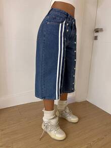 StreetHx Women's Fashionable Casual Sports Style Wide Leg Straight Jeans - Dark Wash - View 5