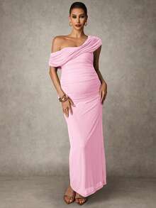 MaterniChic Maternity Solid Color Ruched Fitted Elegant Dress - Baby Pink - View 3