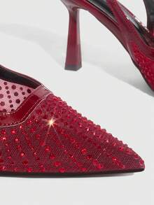 CUCCOO SZL Women's Pointed Toe High Heel Black Mesh Rhinestone Embellished Fashionable Sexy Glamorous Party Occasion Stilettos With Ankle Strap - Burgundy mirror 1 - View 5