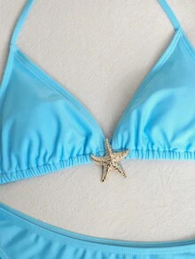 SHEIN Teen Girl Blue Halter Neck Bikini Set, Suitable For Spring/Summer Vacation - Blue - View 4