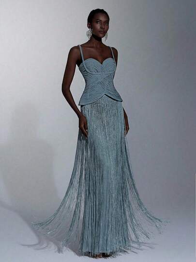 Elitara Elegant Luxury Knitted Glitter Spaghetti Strap Jumpsuit With Waist Ruching And Tassel Decor, Suitable For Formal Occasions Like Galas, Exhibitions, Business Events, Weddings, Singles Parties, Vacations, Dates And More