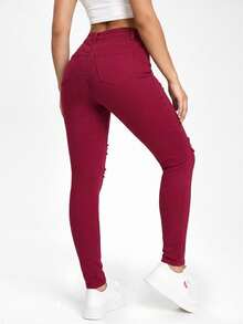 SHEIN ICON Jeans pitillo negros con bolsillos sesgados y rotos - Burdeos - Ver 2
