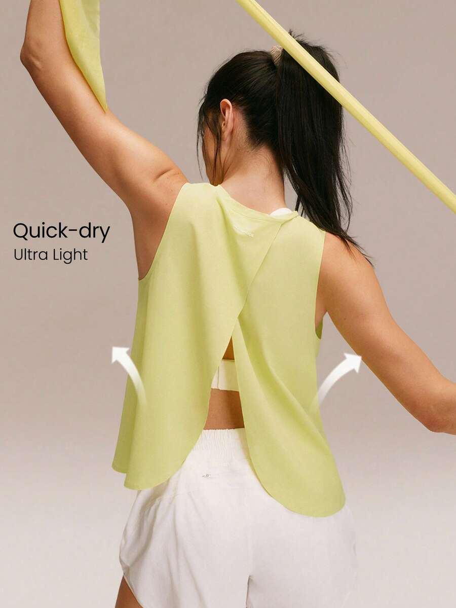 GLOWMODE Áo tank top Stay Breezy nhẹ, nhanh khô, dáng suông, dài đến hông, thiết kế chéo lưng, thích hợp cho chạy bộ, tập gym, tennis, golf và các hoạt động thể thao hàng ngày. - Màu vàng - Xem 1
