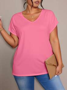 EMERY ROSE Plus Size Women's Summer Solid V-Neck Short Sleeve Casual T-Shirt Basic Top Pink Tops Pink Top Women V Neck Tops V Neck Tshirts Women - Multicolor - View 5
