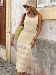 Brillora Đầm dệt kim ôm dáng không tay, màu trơn, thiết kế khoét rỗng, dành cho nữ, thích hợp cho kỳ nghỉ. - Màu Khaki - Xem 7