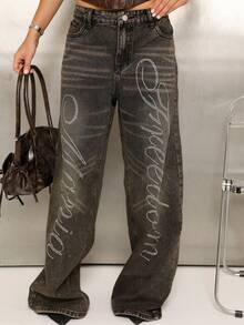 BiaLiraa Women's Retro Y2K Style Rhinestone Embellished Straight Leg Jeans - Black - View 3
