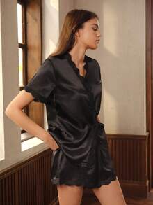 Moireta 蕾丝边缎面睡衣套装 - 黑色 - 查看 6