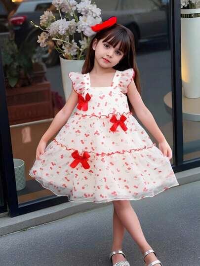 Girls' Cute Ruffled Contrast Color Digital Floral Print Flowing Casual Everyday Dress, Spring/Summer New Arrival