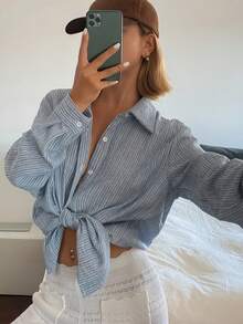 DAZY Women's Casual Striped Collared Long Sleeve Shirt, Blue, Spring/Summer - Blue - View 6