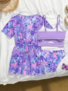 SHEIN 少女碎花三件套泳衣套装 女童沙滩套装 女童夏季度假套装 三件套比基尼套装 青少年三件套泳衣 女童泳衣套装 三件套泳衣套装 少女泳衣套装 泳衣和罩衫套装 女童两件套罩衫比基尼 两件套度假套装 三件套泳衣套装 少女服装套装 夏季沙滩紫色泳衣套装 三件套泳衣 薰衣草色两件套 青少年紫色两件套 女童紫色泳衣 - 紫色 - 查看 7