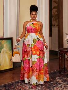 Maweii 大码女士性感露背吊带系带印花长裙，度假装 - 彩色 - 查看 4