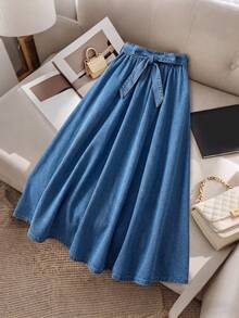 GlowEve Women's Knotted Pleated Casual Versatile Denim Mini Skirt For Daily Wear - Medium Wash - View 8