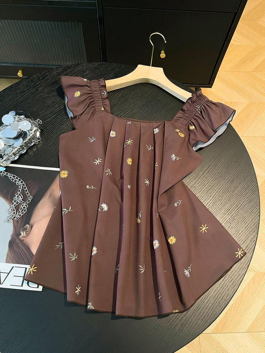 Women's Square Neck Cap Sleeve Ruffle Trim Casual Summer Top - Coffee Brown - View 1