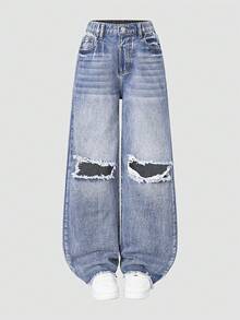 Quần jeans ống đứng màu xanh denim bạc màu, kiểu dáng thường ngày, có rách, dành cho bé gái tuổi teen. - Màu xanh lam - Xem 1