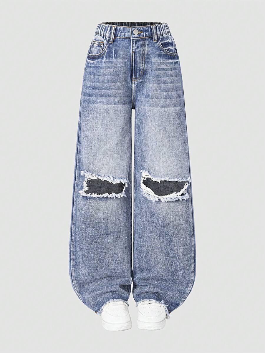 Quần jeans ống đứng màu xanh denim bạc màu, kiểu dáng thường ngày, có rách, dành cho bé gái tuổi teen. - Màu xanh lam - Xem 1