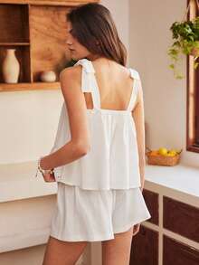 波西米亚风度假性感吊带背心系带A字荷叶边下摆白色春夏女士睡衣套装 - 白色 - 查看 2