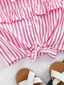 Emery Rose Kids Áo kiểu không tay bèo nhún viền gấu, chất liệu dệt sọc, dành cho bé gái, phong cách thường ngày. - Hồng - Xem 5