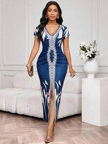 SHEIN Lady Women's Geometric Print V-Neck Short Sleeve Split Hem Fitted Elegant Dress - Multicolor - View 6