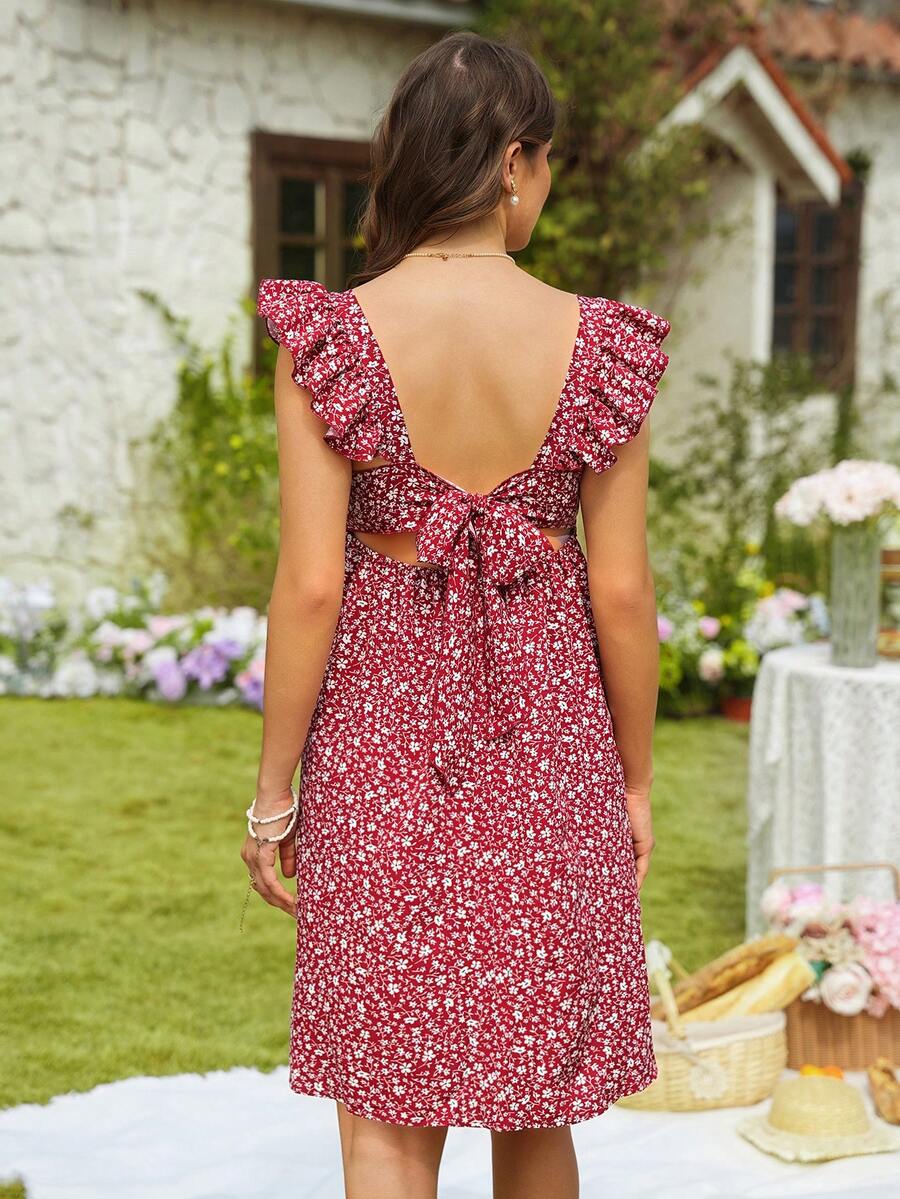 SHEIN Maternity Vacation Ditsy Floral Tie Back Cap Sleeve Casual Dress - Burgundy - View 1