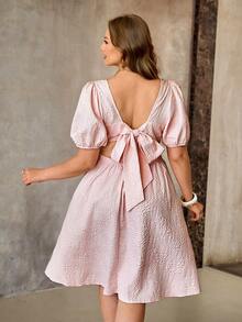 Roveilla Plus Size Baby Pink Textured Backless Tie A-Line Dress For Summer,Elegant Wedding Ninang Bridal Shower Brunch Puff Sleeve Dresses For Women - Pink - View 7