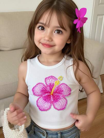 SHEIN Ärmlös rund halsringning för unga flickor, avslappnad, söt, kreativ, personlig, fräsch, exklusiv, glitter-texturerad, hibiskusmönster, grafiskt linne, lämplig för sommarsemester, vardagskläder