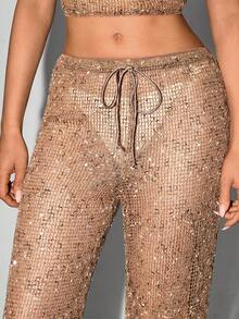 SHEIN ICON Y2k 女式米色沙滩度假外出派对科切拉俱乐部嬉皮风沙滩装时尚性感亮片镂空针织裤，夏季 - 卡其色 - 查看 8