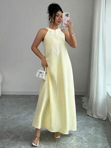 EMERY ROSE 女士优雅高端奶油黄V领刺绣开衩露肩长裙，适合宴会、日常穿着、简约夏季度假休闲装扮，女士夏季长袍，迪拜奢华蝴蝶长袍，亚麻奶油黄长袍，卡夫坦长袍，女士夏季连衣裙，夏季连衣裙，夏季服装，优雅女士长裙，优雅女士连衣裙，优雅长裙，优雅派对礼服，优雅女士派对礼服，长款派对礼服，婚礼宾客礼服 - 黃色 - 查看 8