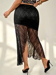 Auralis Plus Size Women Sexy Elegant Chic Vacation Style Sheer Lace High Slit Hem Skirt , Black Black Lace Skirt Mesh Skirt Black Cover Up Skirt Lace Skirts For Women Mermaid Skirt - Black - View 3