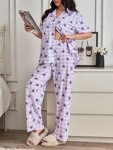 SHEIN Women PLUS SIZE 2 Pcs Button Front With BEAR&PLAID Pattern Shoert Sleeved Shirt & Long Pants Homewear Cute Comfort Casual Pajama Set - Multicolor - View 6