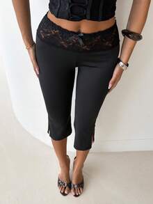 Aloruh 女士蝴蝶结装饰蕾丝休闲百搭日常短裤 - 黑色 - 查看 5