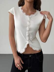 RiviMae Women's Lace Patchwork Fitted Casual Daily T-Shirt - White - View 3