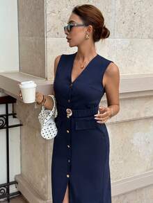 Siren Gaze V领无袖亚麻连衣裙，配腰带，修身开襟连衣裙，纽扣衬衫裙，休闲中长连衣裙，商务休闲连衣裙，夏季女士休闲连衣裙 - 藏蓝色 - 查看 9