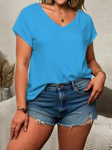 EMERY ROSE 大码女式夏季纯色V领短袖休闲T恤 - 彩色 - 查看 7