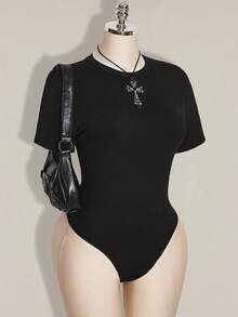 SHEIN ICON 女士加大码春夏复古性感时尚个性现代都市前卫大胆千禧风Y2K龙纹植绒网眼拼接黑色针织修身连体衣 - 黑色 - 查看 6