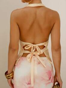 BiaLiraa 黄色缎面 V 领露背吊带背心、派对鸡尾酒会上衣、正式场合衬衫、性感女式缎面上衣、圣诞节、鸡尾酒会、商务休闲装、外出上衣 - 淡黃色 - 查看 2