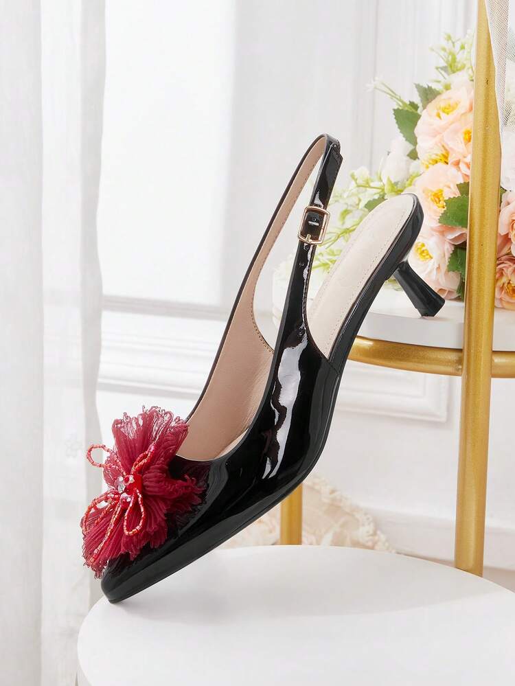 CUCCOO HITCHD Women's Fashionable Elegant 3D Floral Decor Pointed Toe Pumps Wedding Shoes Summer Shoes Bride Shoes