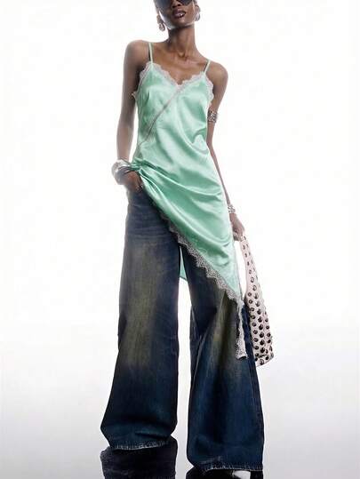 LYSMO 2026 New Minimalist Mint Green Contrast Lace Asymmetric Hem Fashion Spaghetti Strap Mini Dress For Spring/Summer